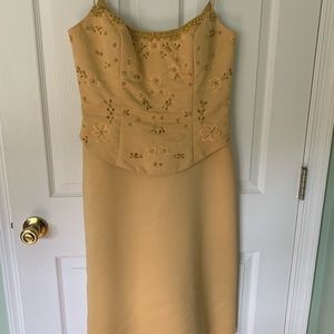 Gold cocktail special occasion dress with shawl